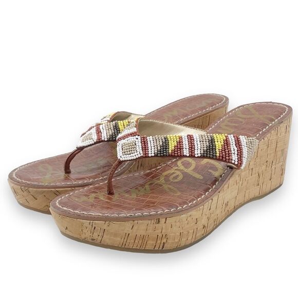 Sam Edelman Rosa Nude Ginger Beaded Thong Cork Wedge Sandal Flip Flop Size 8.5 - Picture 6 of 16